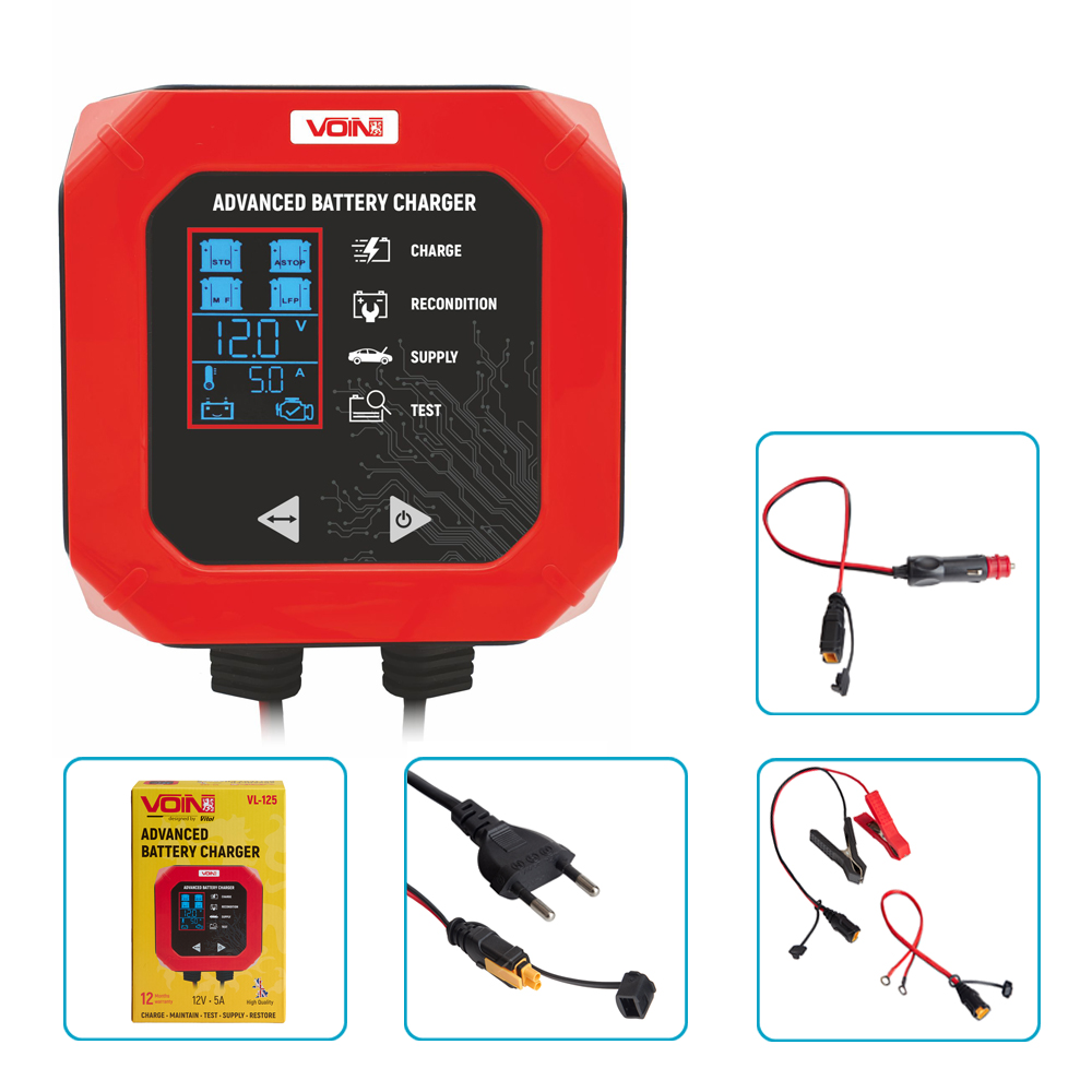 Зарядний пристрій VOIN VL-125 12V/5A/3-120AHR/LCD/імпульсний
