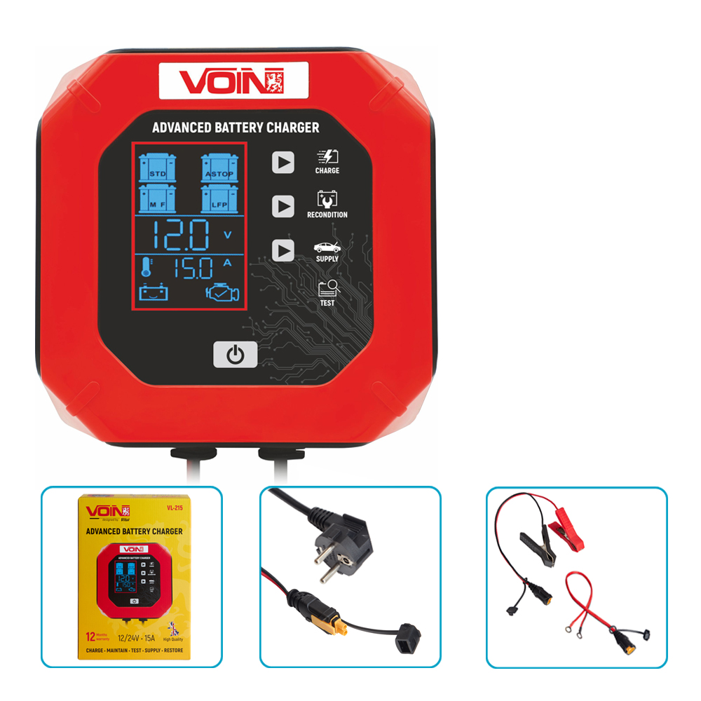 Зарядний пристрій VOIN VL-215 12/24V/15A/3-200ahr/lcd/Імпульсний